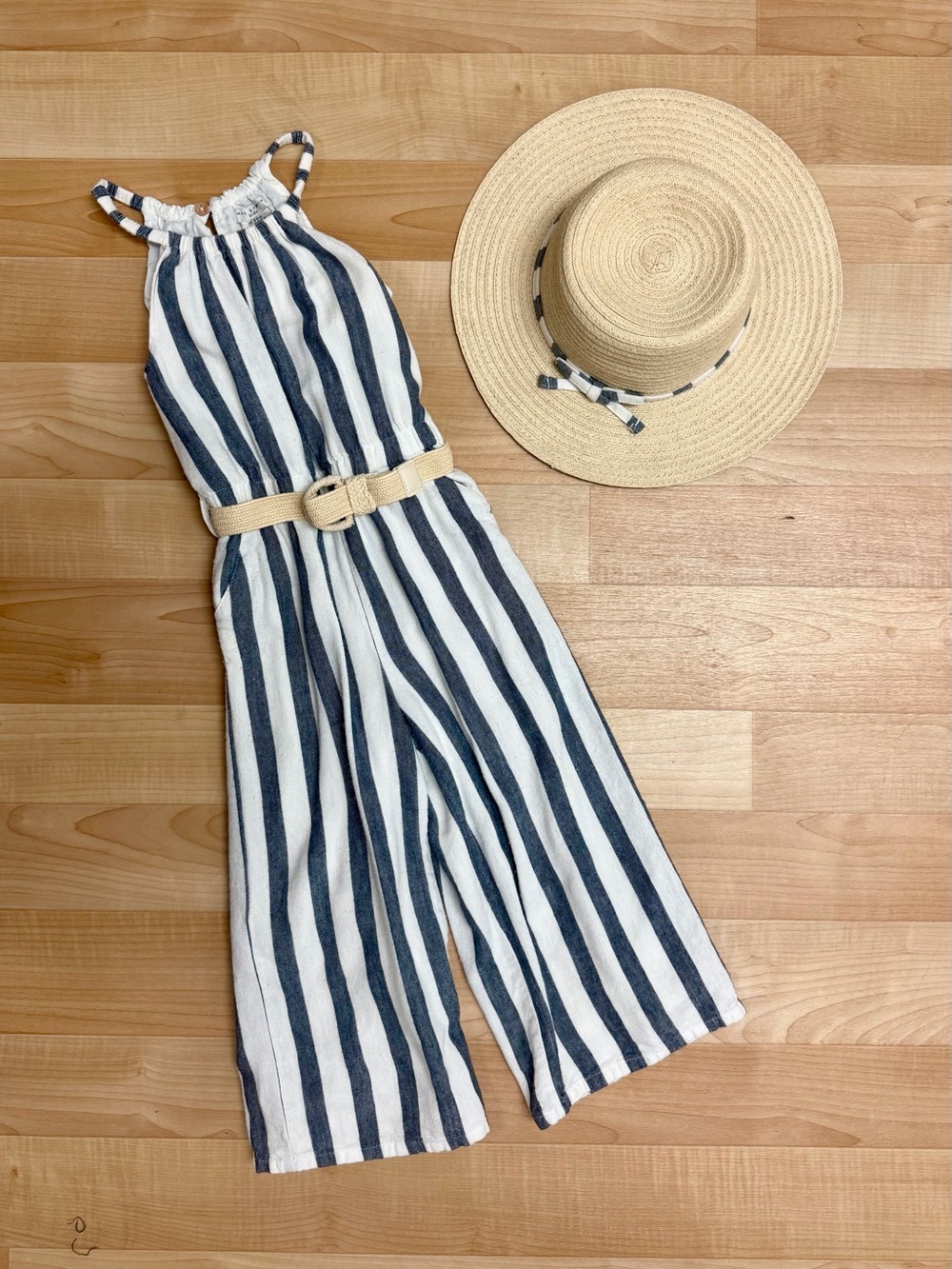 Max Studio Kids Striped Wide Leg Jumpsuit Belt Straw Hat Set Girls S 5/6